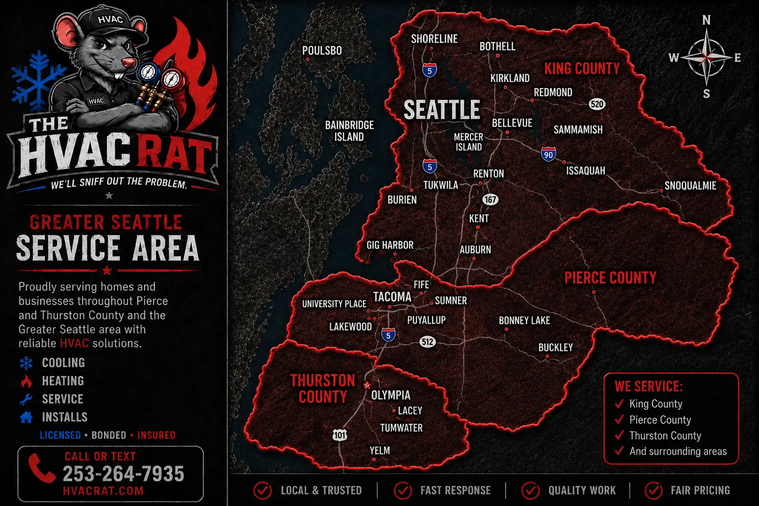 Greater Seattle service area map covering King, Pierce, and Thurston counties