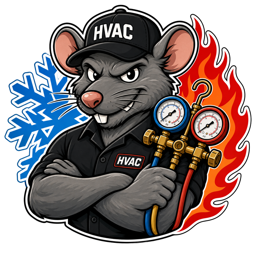 The HVAC Rat mascot holding refrigerant gauges